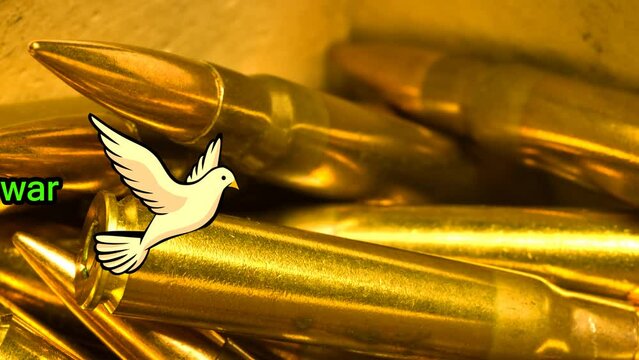 Make peace not war, peace message with flying dove over ammunition