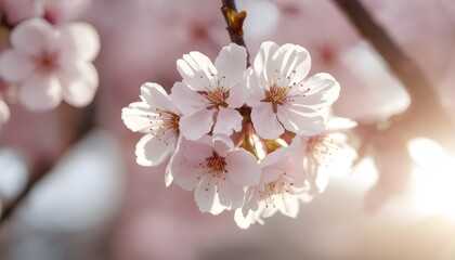 Fototapeta premium snow on cherry blossoms with morning sunlight
