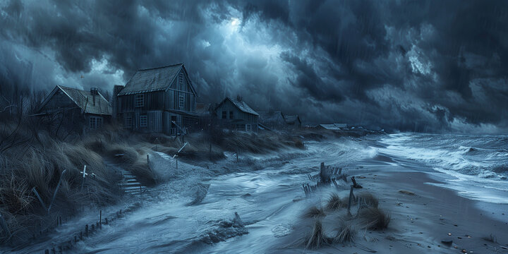 Digital painting of a row of seaside home village buffeted by harsh winds and waves during a nocturnal storm, with foreboding clouds overhead.