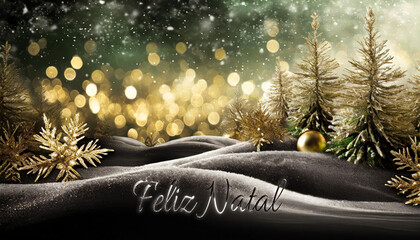 cartão ou banner para desejar um Feliz Natal em branco e preto representado por uma colina preta com abetos dourados sobre fundo preto e dourado com círculos em efeito bokeh dourado