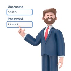 3D illustration of bearded american businessman Bob admin network engineer pushing username and password fields login box.3D rendering on white background