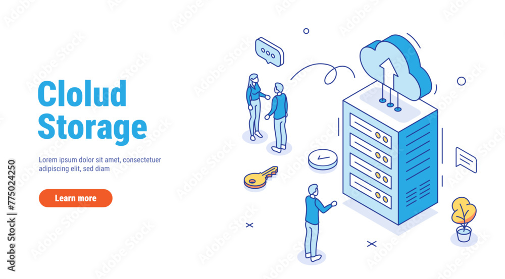 Poster cloud storage outline concept. booting or using cloud servers, remote access computers. business pro