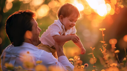 dad with his little son playing and holding up in green garden fathers day celebration photo - obrazy, fototapety, plakaty
