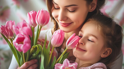 Obraz na płótnie Canvas happy mothers day celebration photo of smiling mom and daughter with bouquet of tulips flowers gift