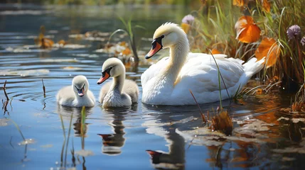  A group of fluffy baby swans swimming gracefully in a serene pond, their downy feathers ruffled by a gentle breeze. © SHAN.
