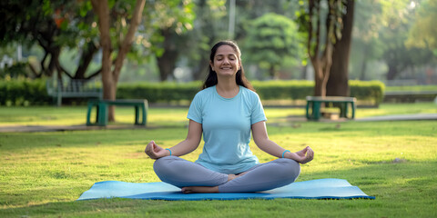 happy smiling indian woman doing meditating and yoga lotus pose in green garden environment