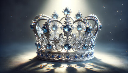 Majestic Silver Crown with Sapphire Adornments Reflecting Regal Elegance - obrazy, fototapety, plakaty