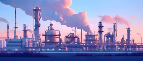 Oil Refinery: Processing Units, Pipelines, and Storage Tanks for Producing Gasoline, Diesel, and Jet Fuel. Concept Oil Refinery, Processing Units, Pipelines, Storage Tanks, Gasoline Production - obrazy, fototapety, plakaty