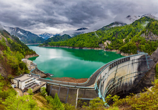 Stormy skies over the Northern Alps and Kurobe Dam. Japan