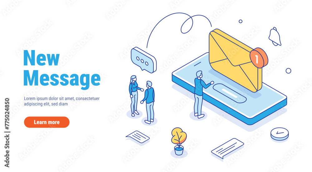 Poster new message or email on smartphone isometric concept. notification when you receive a new message on