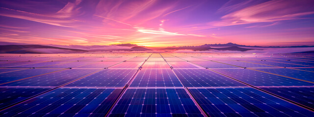 Renewable solar energy panels, modern green power generation, sunny field of photovoltaics