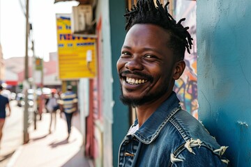 Fototapeta na wymiar Portrait of a smiling african american man in the city