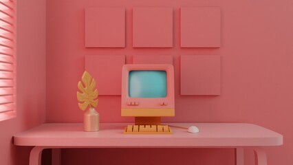 Retro Tech Charm: Vintage Computer Setup in Pastel Decor