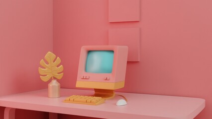 Retro Tech Charm: Vintage Computer Setup in Pastel Decor