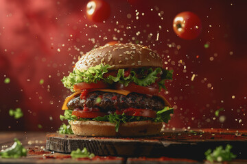 Big delicious hamburger with tomatoes and vegetables, cheese, and sauce on a red background.