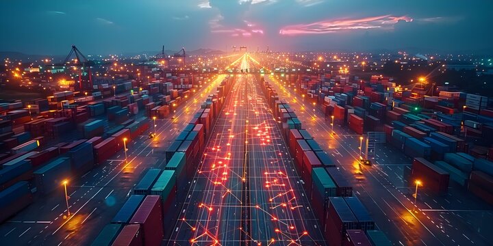 Global digital marketing logistics banner highlighting network connections and technology for ecommerce enterprises. Concept Global Marketing, Technology, Ecommerce, Logistics, Network Connections