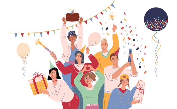 Smiling festive people celebrating birthday party with cake, gifts, balloons and confetti. Happy corporate office team during holiday celebration. Flat vector illustration isolated on white background