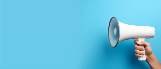 Hand holding Megaphone on light blue background with space for text.