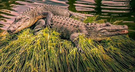Alligators laying on the fresh grass - Powered by Adobe