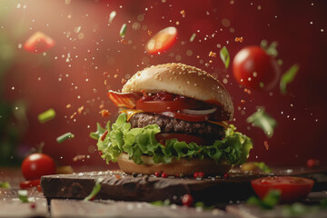 Big delicious hamburger with tomatoes and vegetables, cheese, and sauce on a red background.