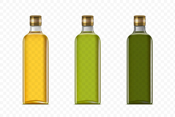 Glass bottles with with olive oil, sunflower or rapeseed oil. Packaging template. Isolated on a transparent background. Stock vector illustration.