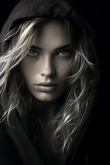 Portrait of a beautiful young woman with long blond hair in a hood