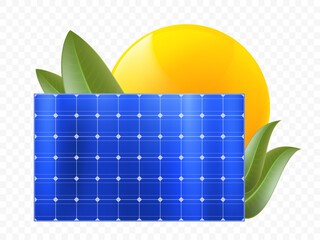 Solar panel with green leaves and sun. Isolated on a transparent background. Stock vector illustration.