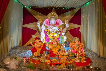 Beautiful closeup of Lord Ganesha idol at the Mandal in Mumbai