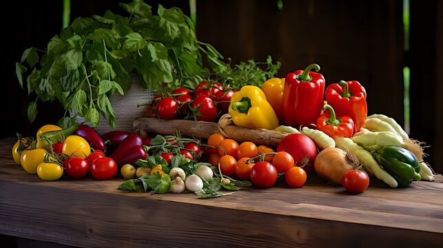  A variety of fresh, organic vegetables are arranged on a wooden