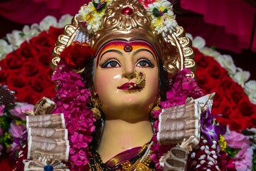Beautiful idol of Maa Durga being worshipped at a Mandal in Mumbai