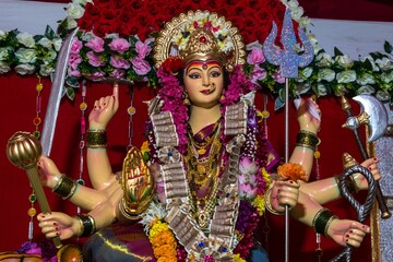 Beautiful idol of Maa Durga being worshipped at a Mandal in Mumbai