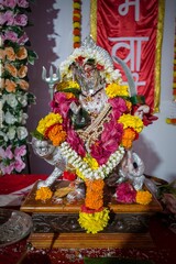 Vertical shot of the idol of Maa Durga worshipped at a Mandal in Mumbai for the Navratri festival