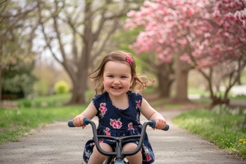 A happy child girl riding a tricycle along a winding path in a scenic park, surrounded by towering trees and vibrant spring blooms.