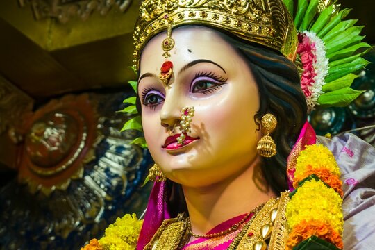 Beautiful idol of Maa Durga being worshipped at a mandal in Mumbai for Navratri