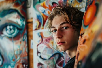 A teenage artist boy surrounded by artwork, with face alive, creativity and expression.