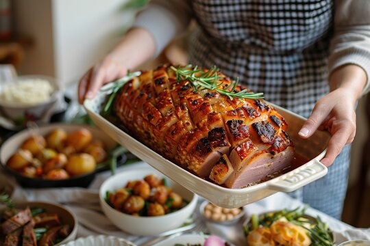 Person holding out a roasted entire ham in a baking dish, ready to be served for Christmas dinner with potatoes and vegetables in hand. Whole fresh baked steaming large perfect pink pork leg from oven