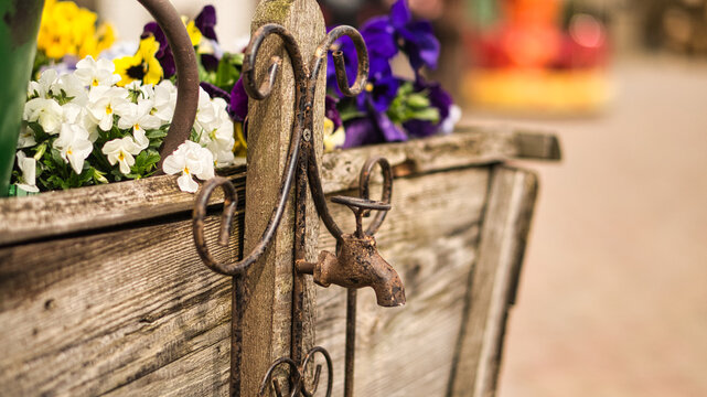 A small rusty faucet as decoration on an old wooden cart with planted flowers