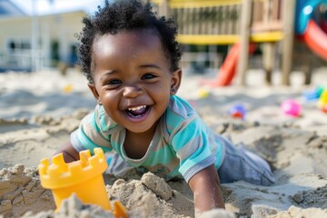 A smiling black-skinned toddler joyfully plays in a sandbox, digging and building sandcastles with enthusiasm, fostering creativity and development. - obrazy, fototapety, plakaty