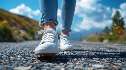 The legs of a girl in jeans and white sneakers walk on the asphalt in close-up