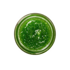 A close up of a jar of green liquid on a transparent background