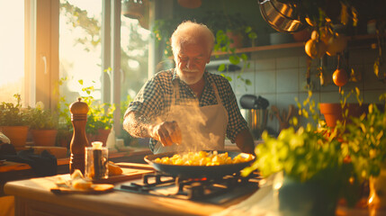Gray-haired Italian grandfather prepares delicious cheese pasta in the kitchen. Active seniors in the kitchen