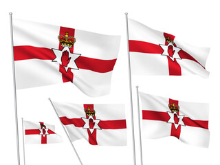 Northern Ireland vector flags set. 3D cloth pennants fluttering on the wind. EPS 8 created using gradient meshes isolated on white background. Five flagstaff design elements from world collection