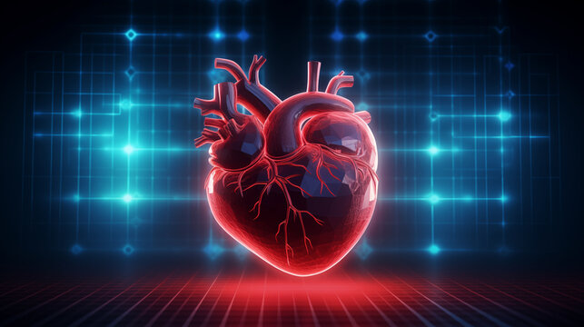 Human heart with cardiogram ECG monitoring, Heart shape neon glowing light with text space.
