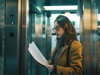 A busy woman office worker looking at her documents while the elevator door is closing 