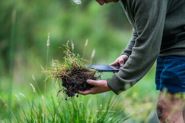 agronomiston a farm practicing agronomy holding soil, doing soil tests in her home laboratory....