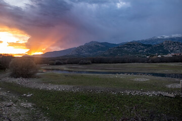 Natural landscape view in Manzanares el Real at sunset in Spain - obrazy, fototapety, plakaty