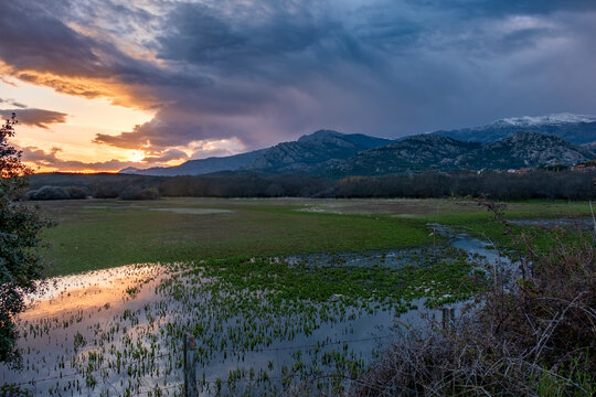 Natural landscape view of Manzanares el Real at sunset in Spain