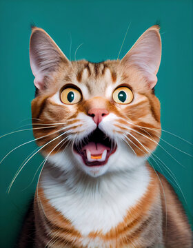 Captivating Close-Up of a Domestic Cat Mid-Meow in a Vibrant Studio Setting