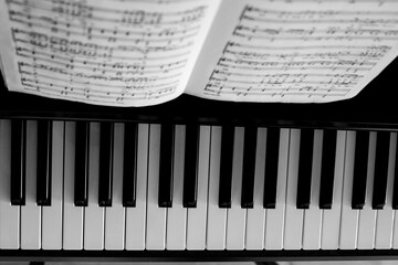 High angle closeup of a piano with a music sheet