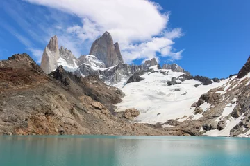Papier Peint photo Fitz Roy Scenic view of the Lagoon of the Three in front of the snow covered Fitz Roy mountain in El Chelten